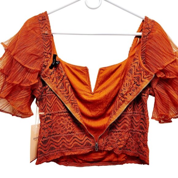 Rust Orange Lace & Sheer Ruffle Sleeve Crop Top By Blåshe Size M - Picture 9 of 10